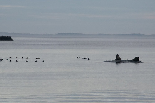 Hunter in an offshore water blind hunting waterfowl