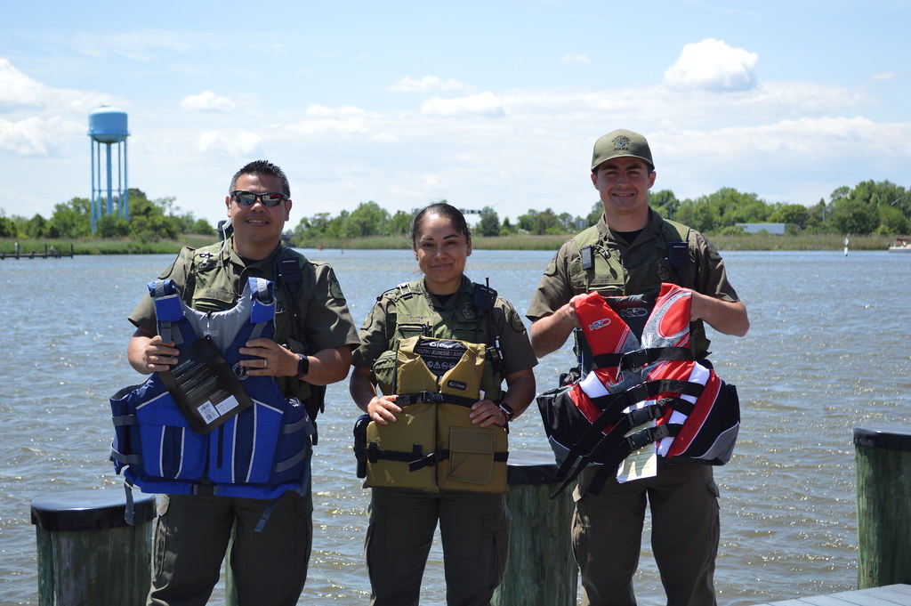 NRP officers display life jackets at Sandy Point State Park.